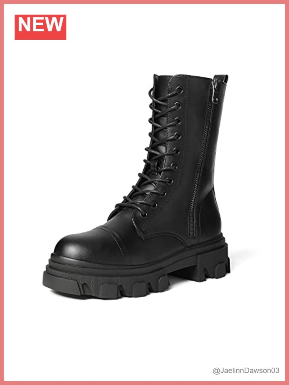 Faux Leather Combat Boots Lace Up Mid Calf Low Heel